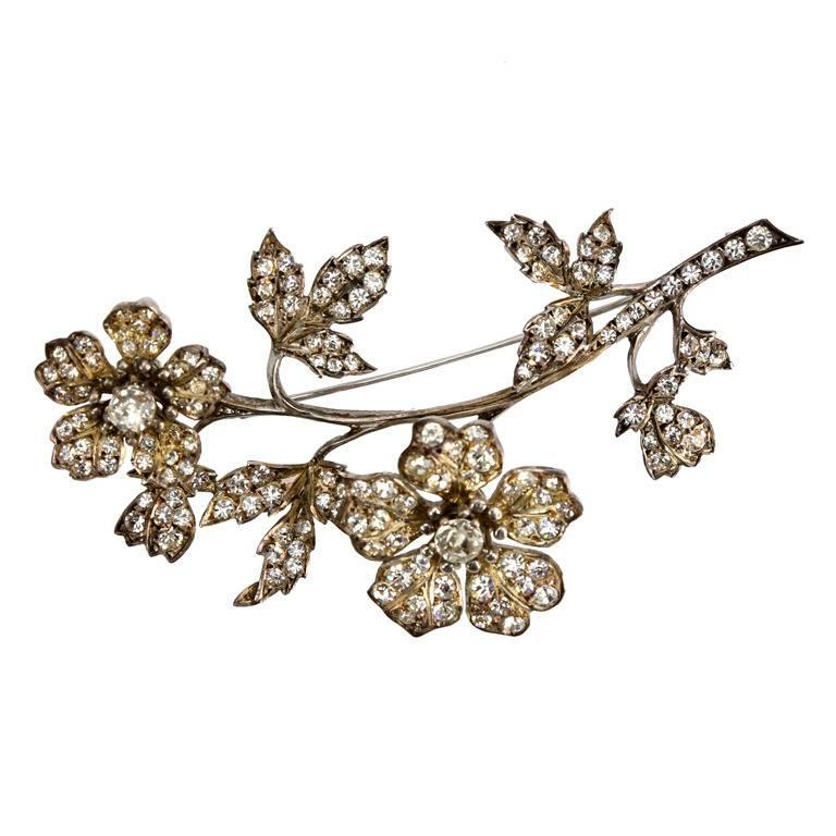 Antique Crystal Tremblant Flower Silver Brooch Pin