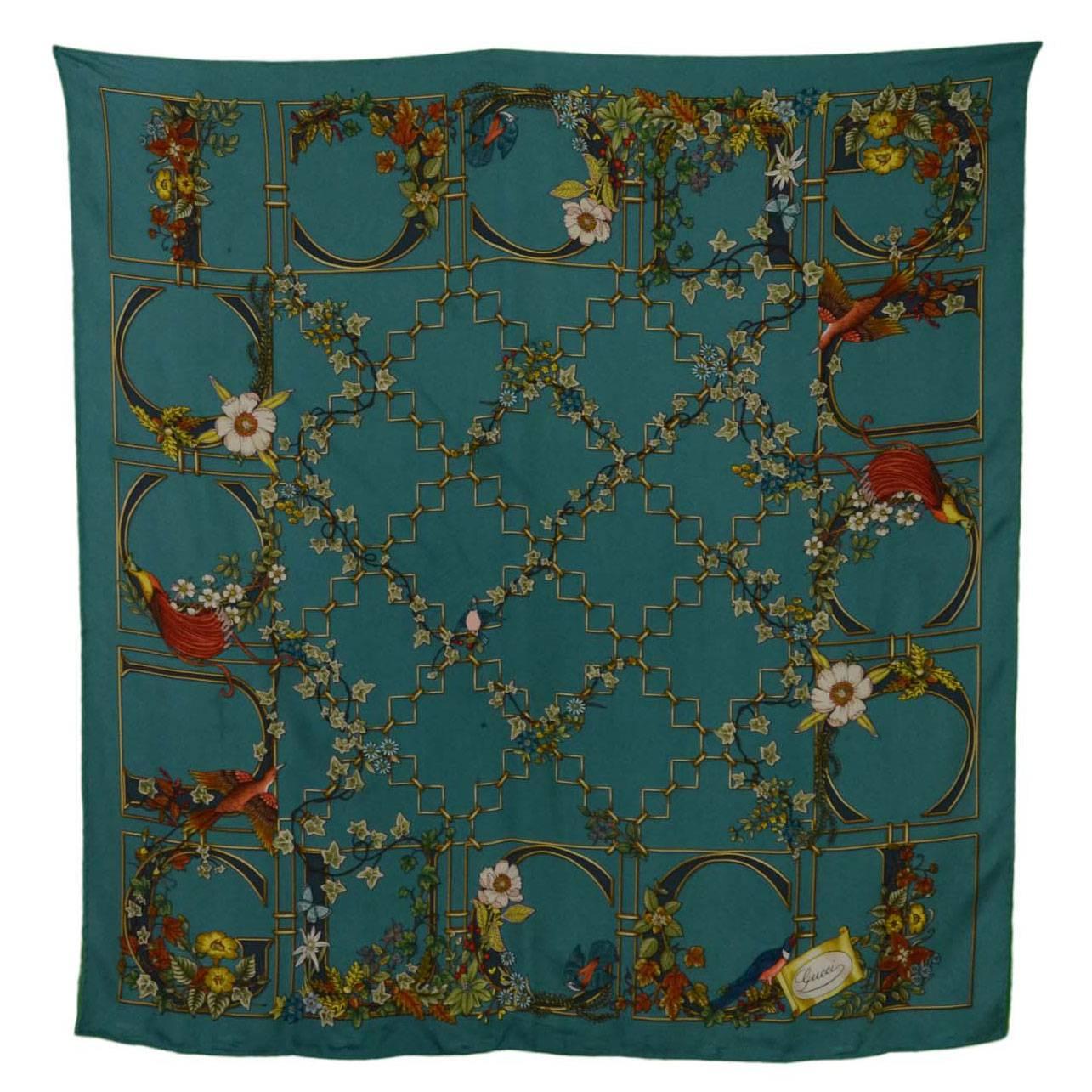 Gucci Turquoise Ivy & Floral Print 90cm Silk Scarf