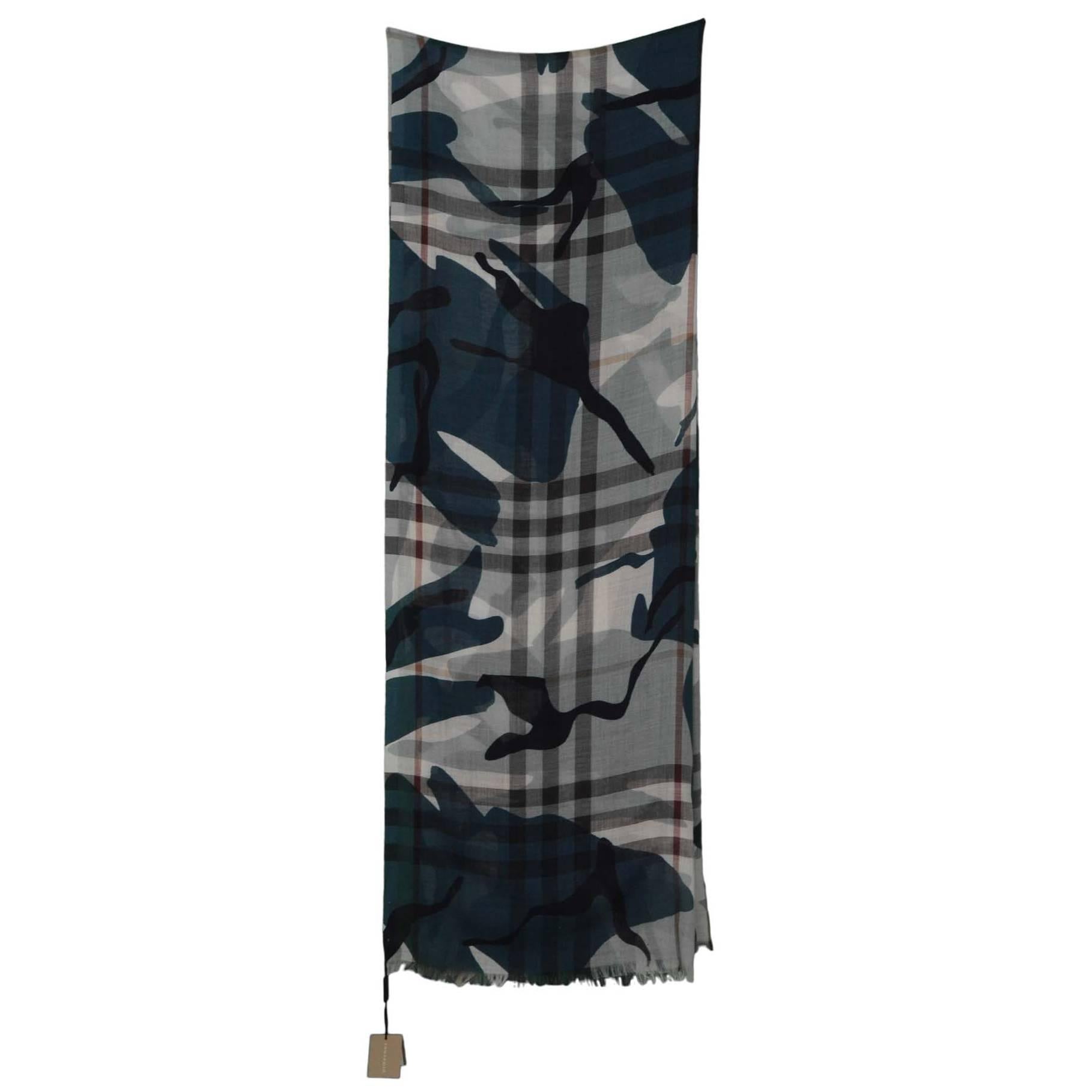 Burberry NEW Teal Painted Camo & Check Silk Scarf