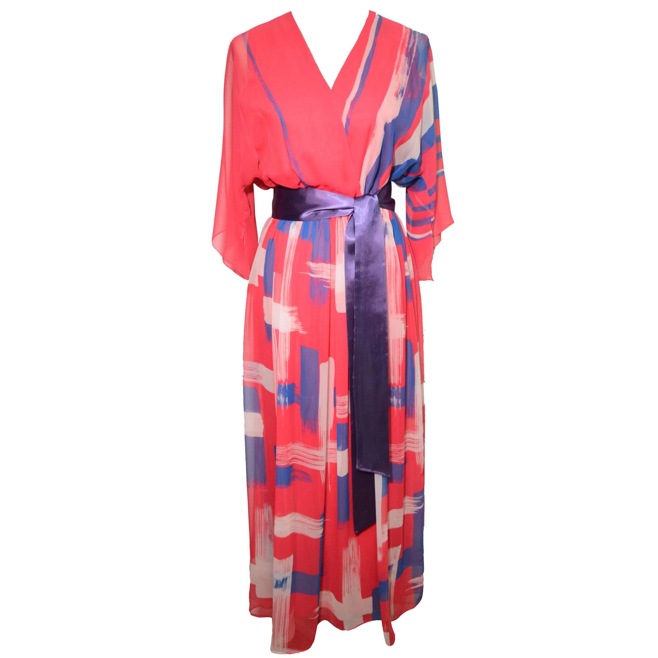 Hanae Mori 1980s Pink Silk Chiffon Brush Stroke Print Dress