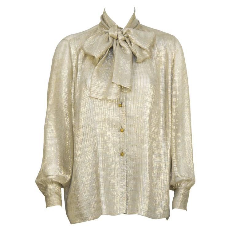 1980's Chanel Gold Silk Sheer Blouse with Pussy Bow at 1stDibs | sheer ...