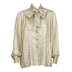 1980's Chanel Gold Silk Sheer Blouse with Pussy Bow