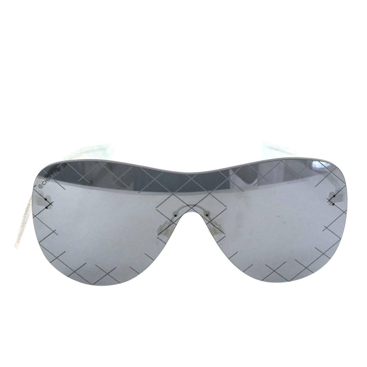 Chanel NEW '16 Silver & Grey Shield Mirror Aviator Sunglasses