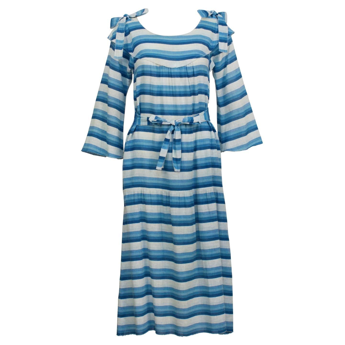 1970's Sonia Rykiel Blue Striped Peasant Dress