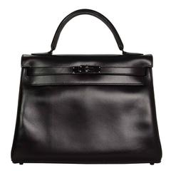 Hermes Ltd Ed. Rare 'SO BLACK' Box Leather 32cm Kelly Bag 