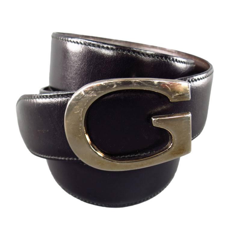 GUCCI 34W Black & Brown Leather Reversible Gold G Buckle Belt