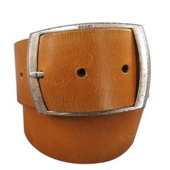 GUCCI Light Tan Brown Leather Silver Rectangle Buckle Belt