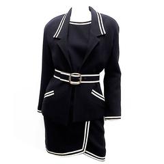 CHANEL vintage nautical navy ivory 3 piece skirt suit set with belt Size 38 
