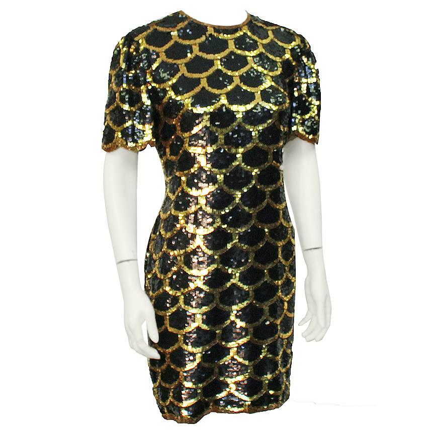 1970's Black and Gold Fishscale Sequin MIni Dress