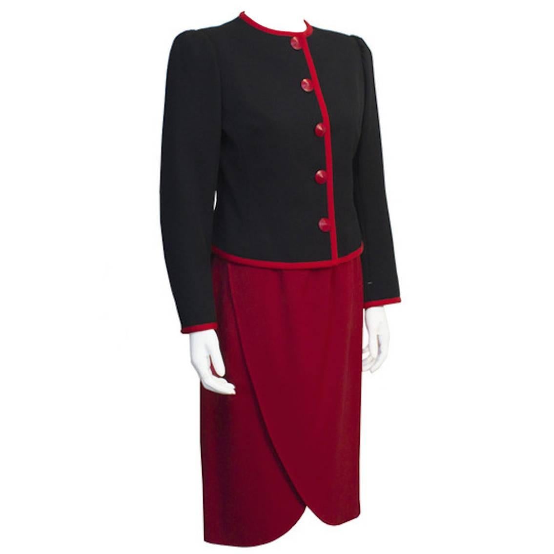 1980's Yves Saint Laurent YSL Red and Black Couture Label Suit  For Sale