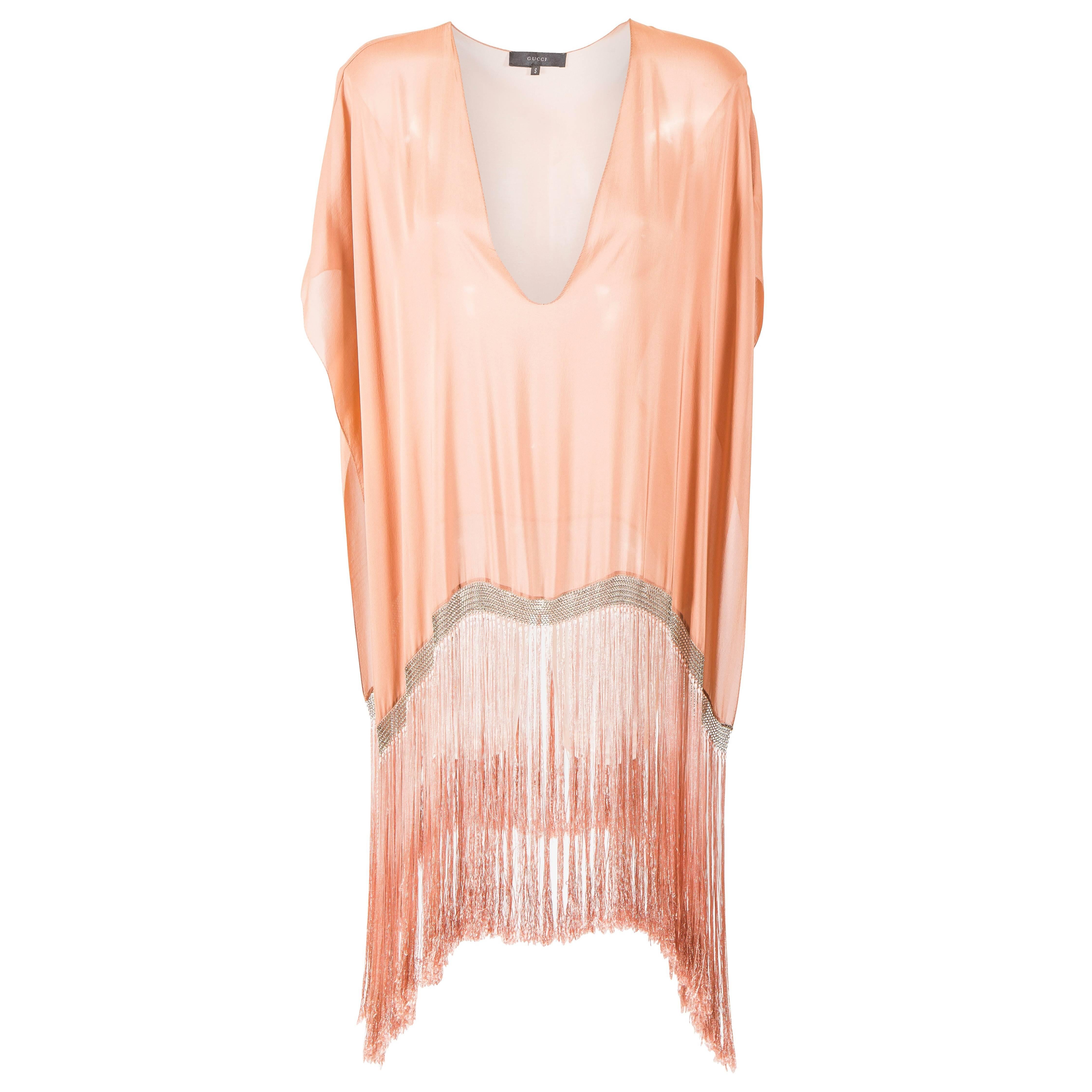 Tom Ford for Gucci S/S 2004 Pink Champagne Silk & Chain Fringe Poncho For Sale