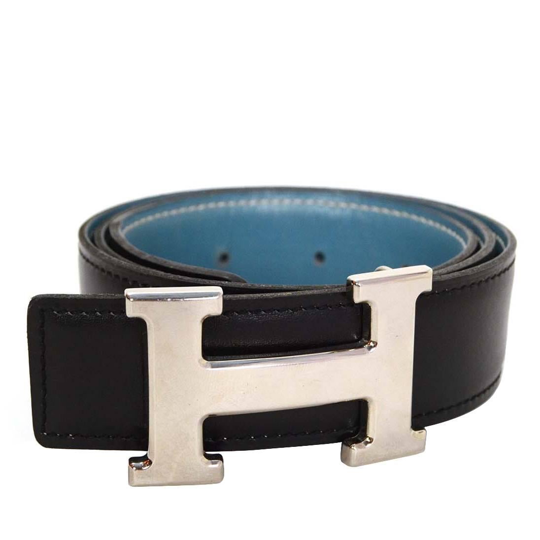 Hermes Vintage '99 Black & Blue Leather H Leather Belt sz 70 PHW