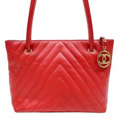 Chanel Red Caviar Chevron Quilted Zip Day Bag