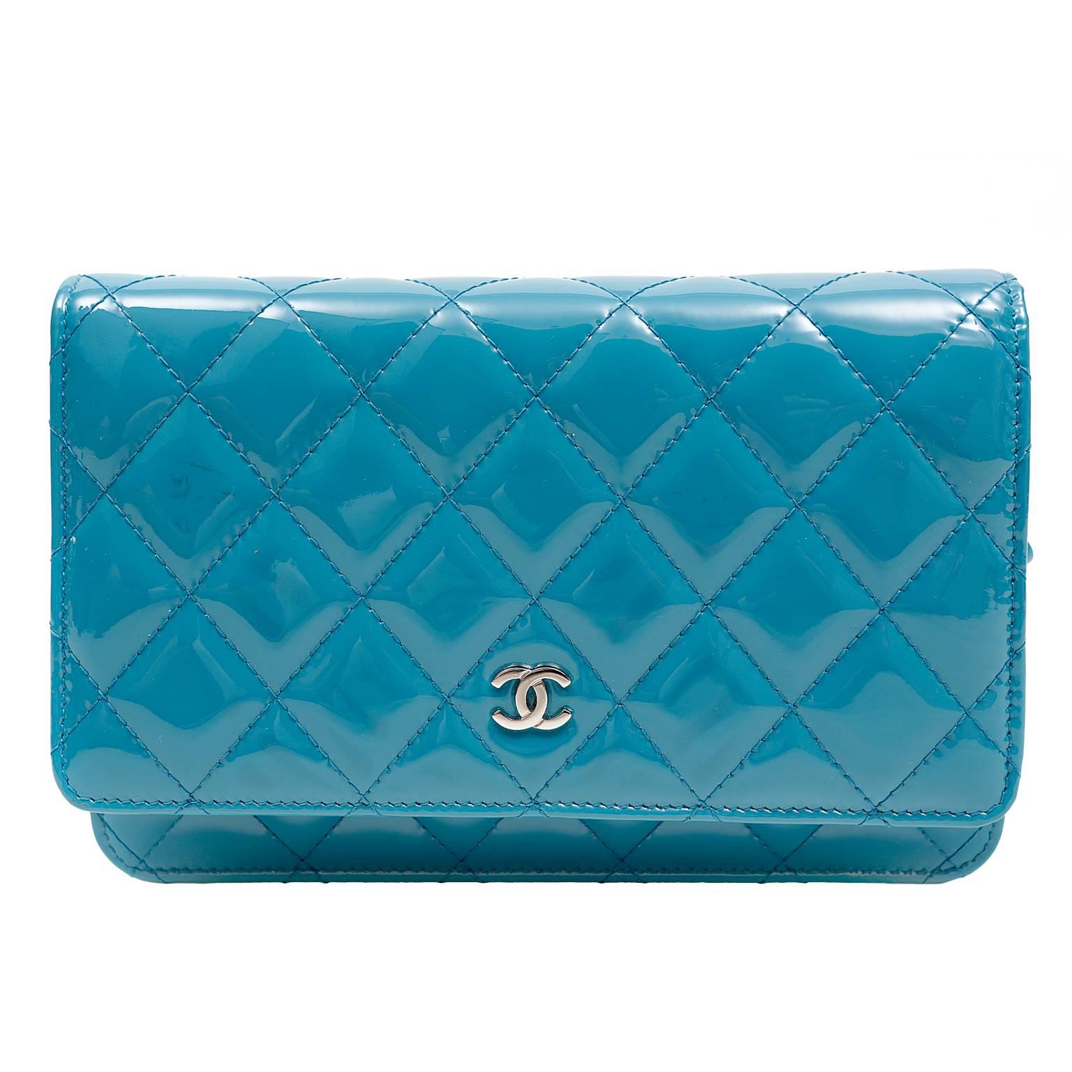 Chanel Turquoise Patent Leather Wallet on a Chain WOC- Silver HW