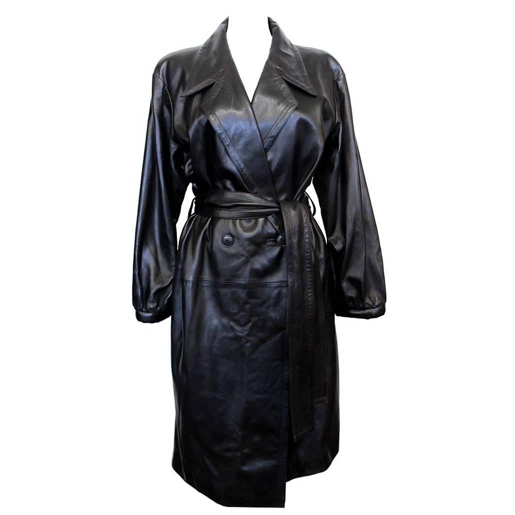 Collectable 1980's Yves Saint Laurent Black Leather Trench Coat For Sale