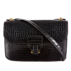 Hermes RARE Vintage Black Crocodile Gold Hardware Box Flap Shoulder Bag