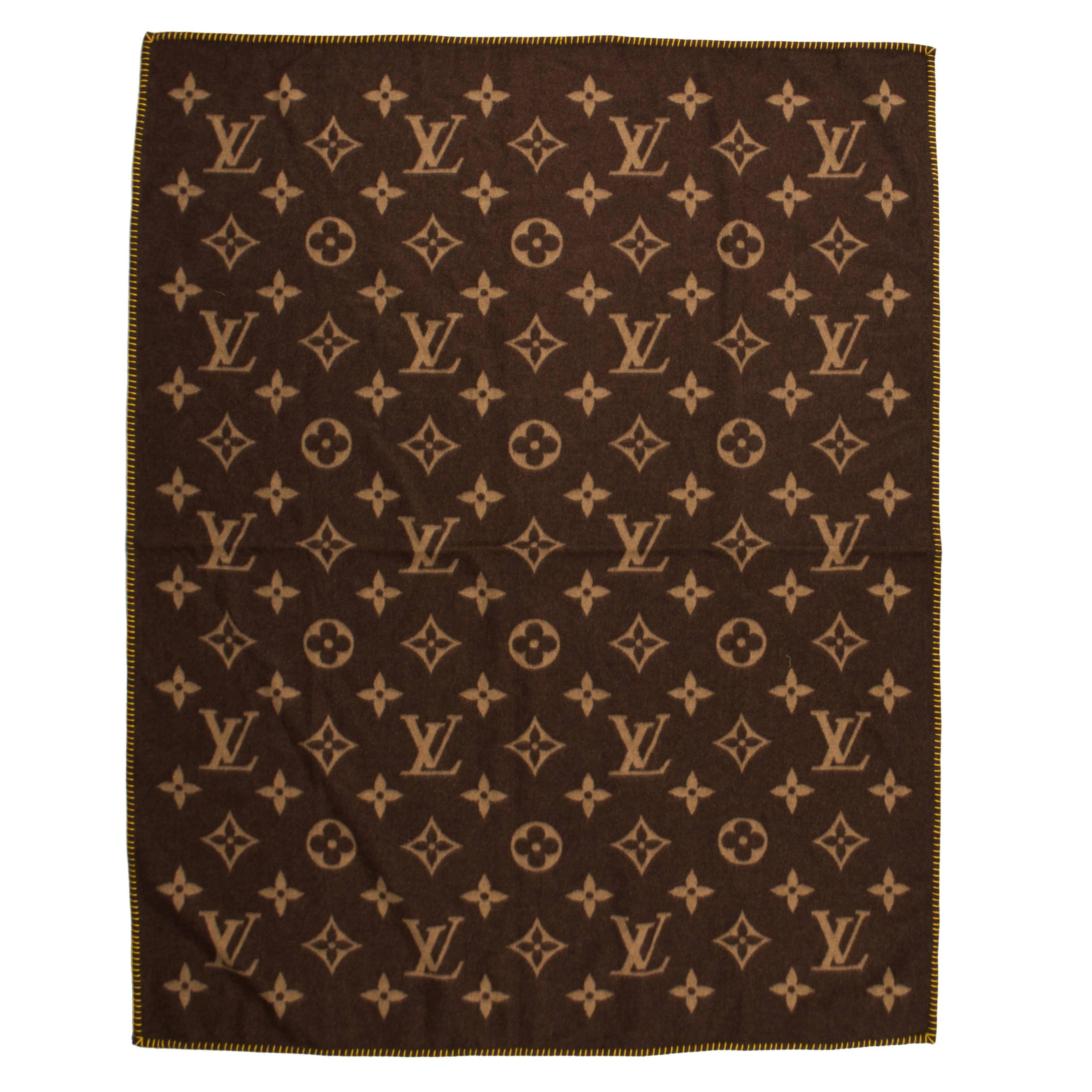 Louis Vuitton Monogram Brown Yellow LV Wool Angora Blend Throw Blanket In Box