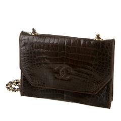 Chanel RARE Vintage Brown Crocodile Leather Gold Chain CC Flap Shoulder Bag