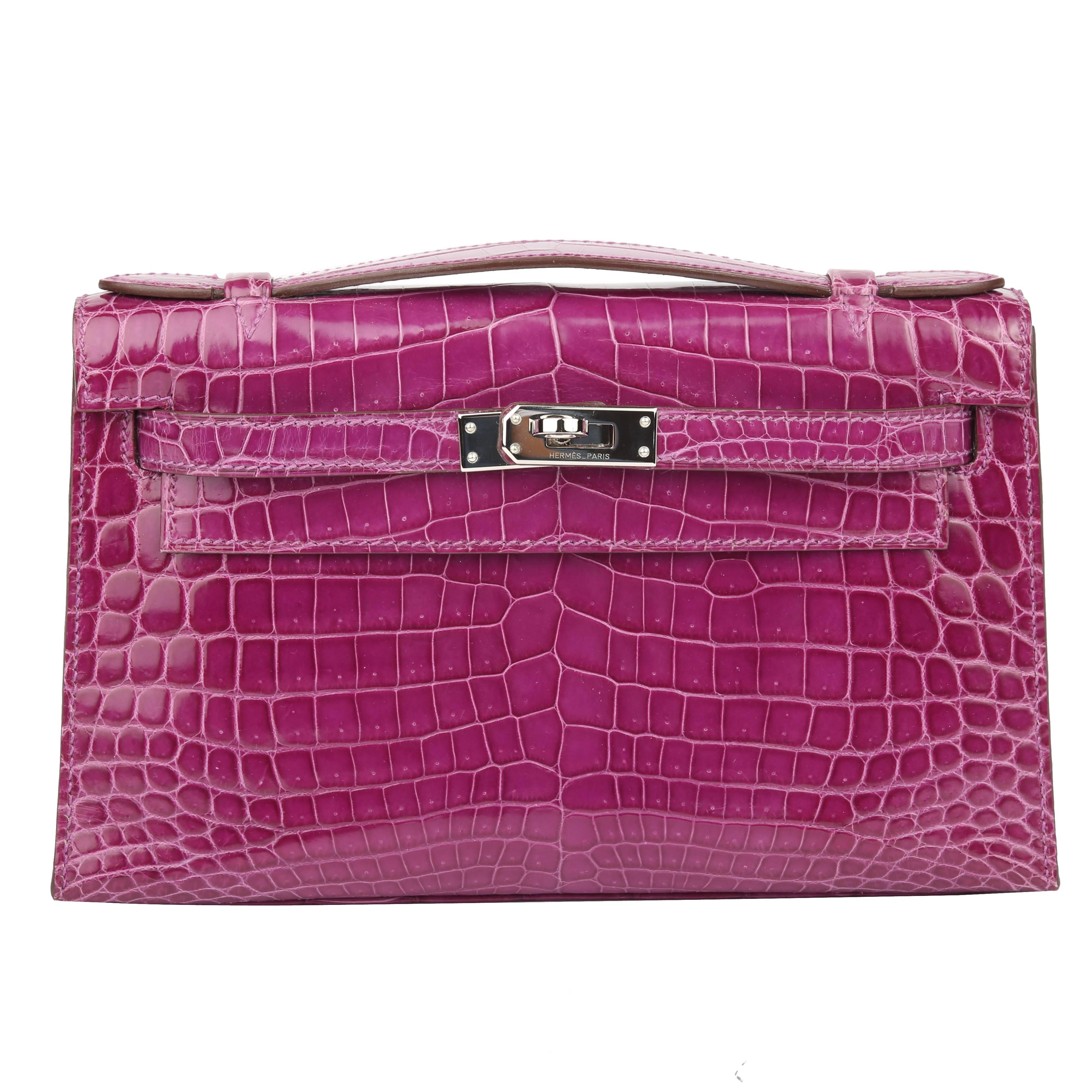 Hermes Kelly Pochette Violet in Niloticus Shiny Crocodile with Silver HDW  For Sale