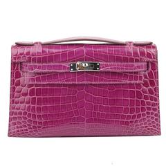 Hermes Kelly Pochette Violet in Niloticus Shiny Crocodile with Silver HDW 