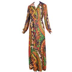 1970's Pauline Trigere Moorish Inspired Print Silk Evening Maxi Dress w/Crystals