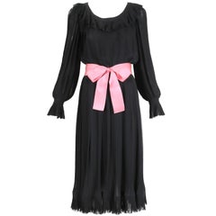 1974 Christian Dior Haute Couture Black Silk Chiffon Pleated Dress No.00299I