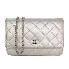 Chanel Silver Quilted Leather Wallet on Chain WOC Bag SHW