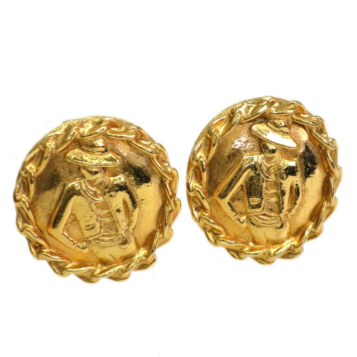 Chanel Vintage Gold Mademoiselle Round Button Stud Earrings