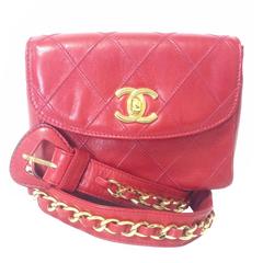 Retro CHANEL lipstick red leather waist bag, fanny pack with detachable belt.