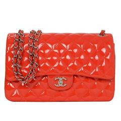 Chanel Red Quilted Patent Jumbo Double Flap Bag SHW
