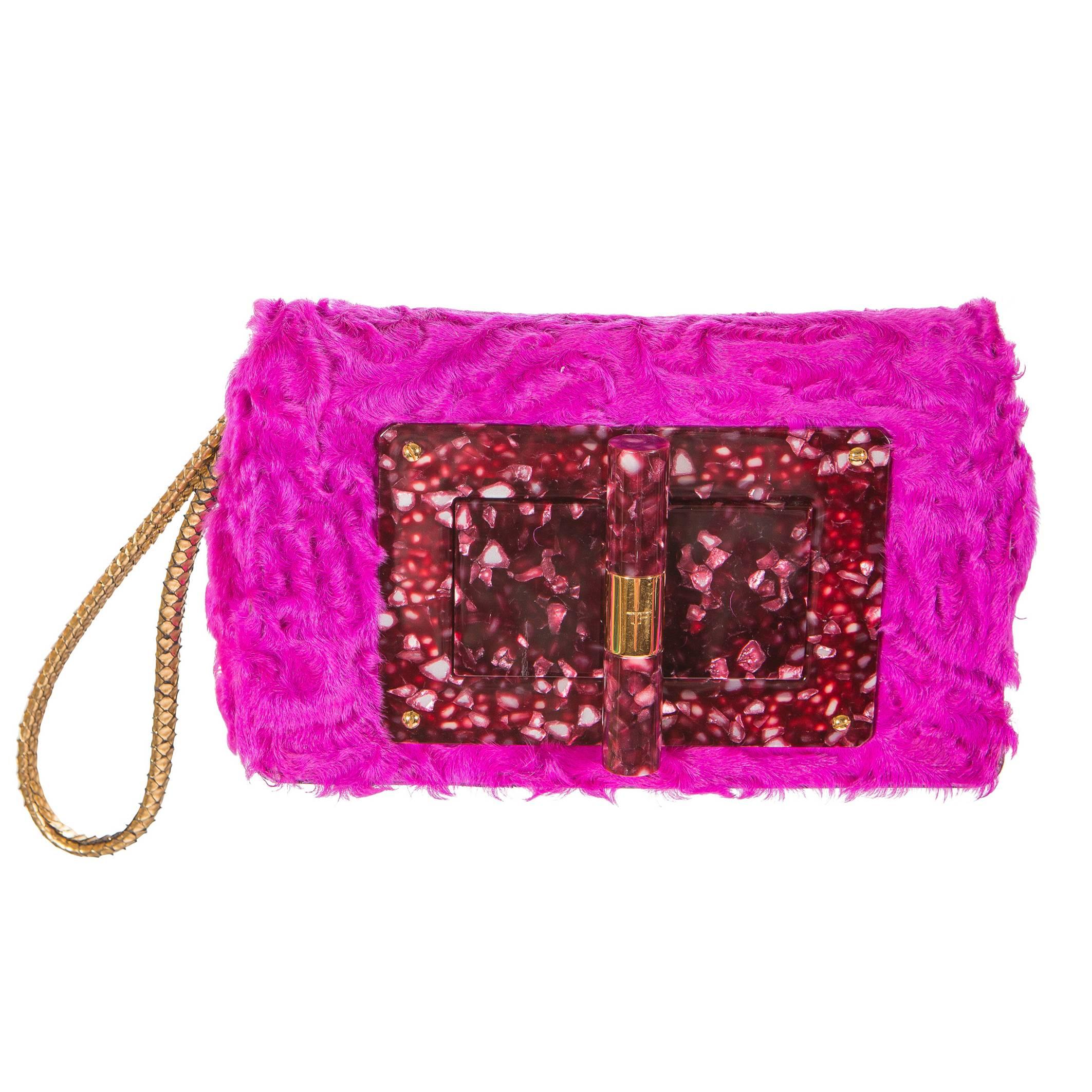 Tom Ford Natalia Fuchsia Broad-tail Fur Clutch with Lucite and Snakeskin Strap For Sale