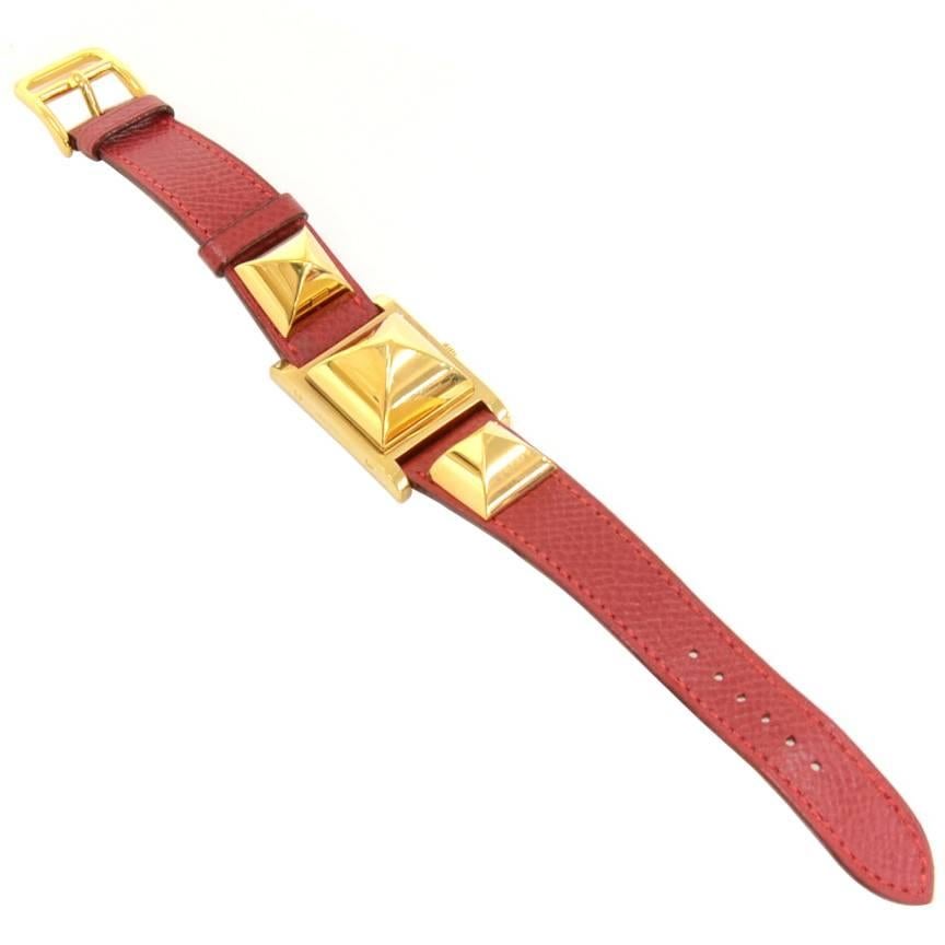 Hermes Medor PM Red Leather x Gold Tone Wrist Watch For Sale