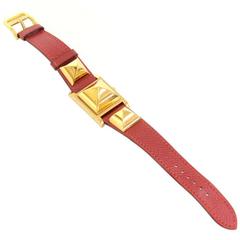 Vintage Hermes Medor PM Red Leather x Gold Tone Wrist Watch