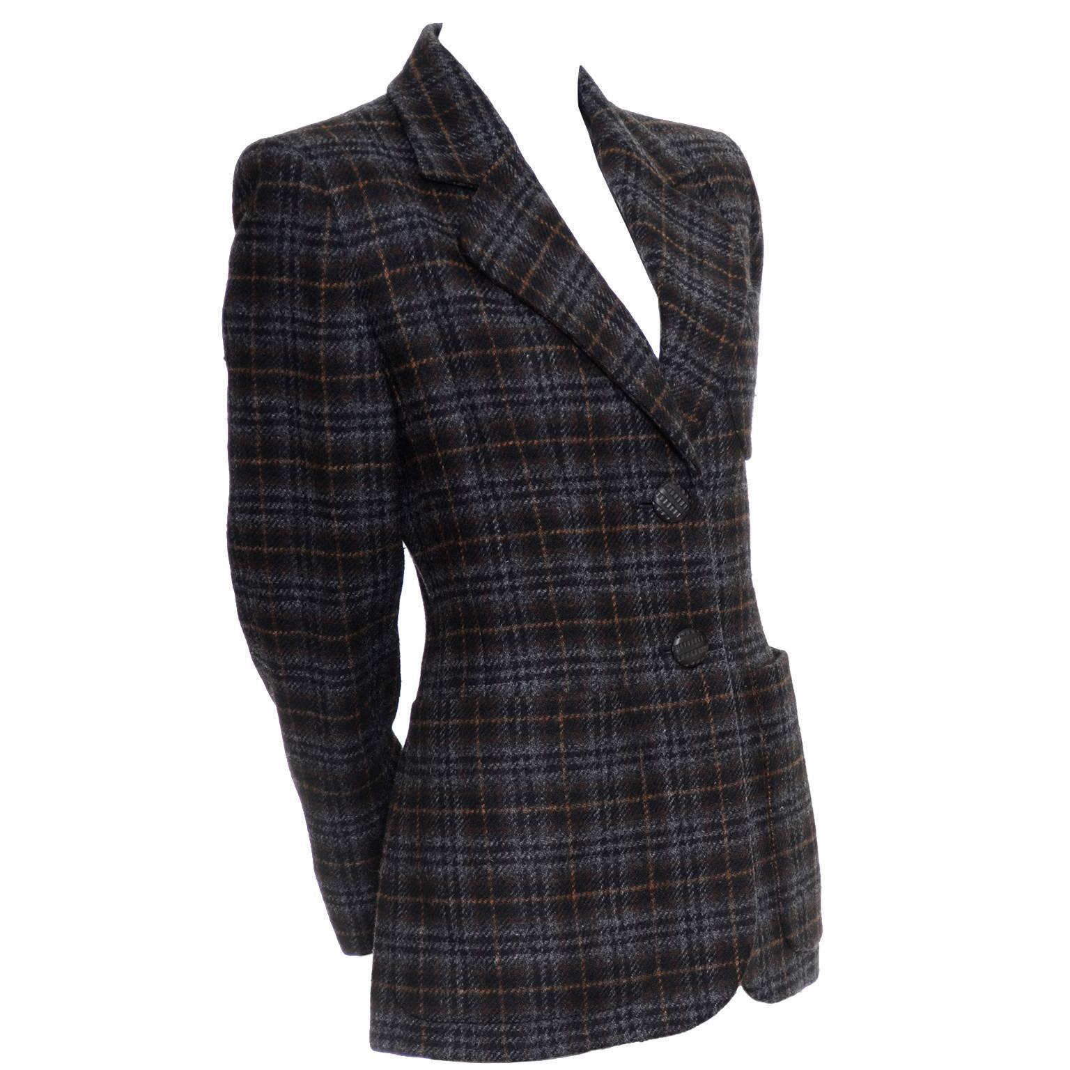 Yves Saint Laurent Plaid Wool Vintage Blazer YSL France Size 42 US 10