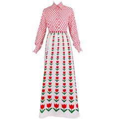 Vintage 1970's Givenchy Cotton Tulip Print Maxi Skirt & Matching Blouse Ensemble