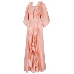 Zandra Rhodes Peach Pink Pleated Evening Dress & Robe Ensemble