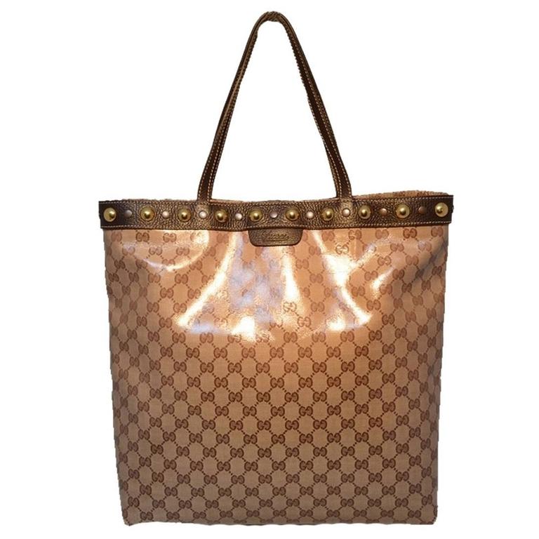 Gucci Monogram Canvas Studded Shopping Brown Tote Bag For Sale at 1stDibs