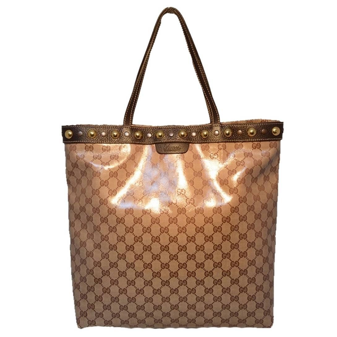 Gucci Monogram Canvas Studded Shopping Brown Tote Bag