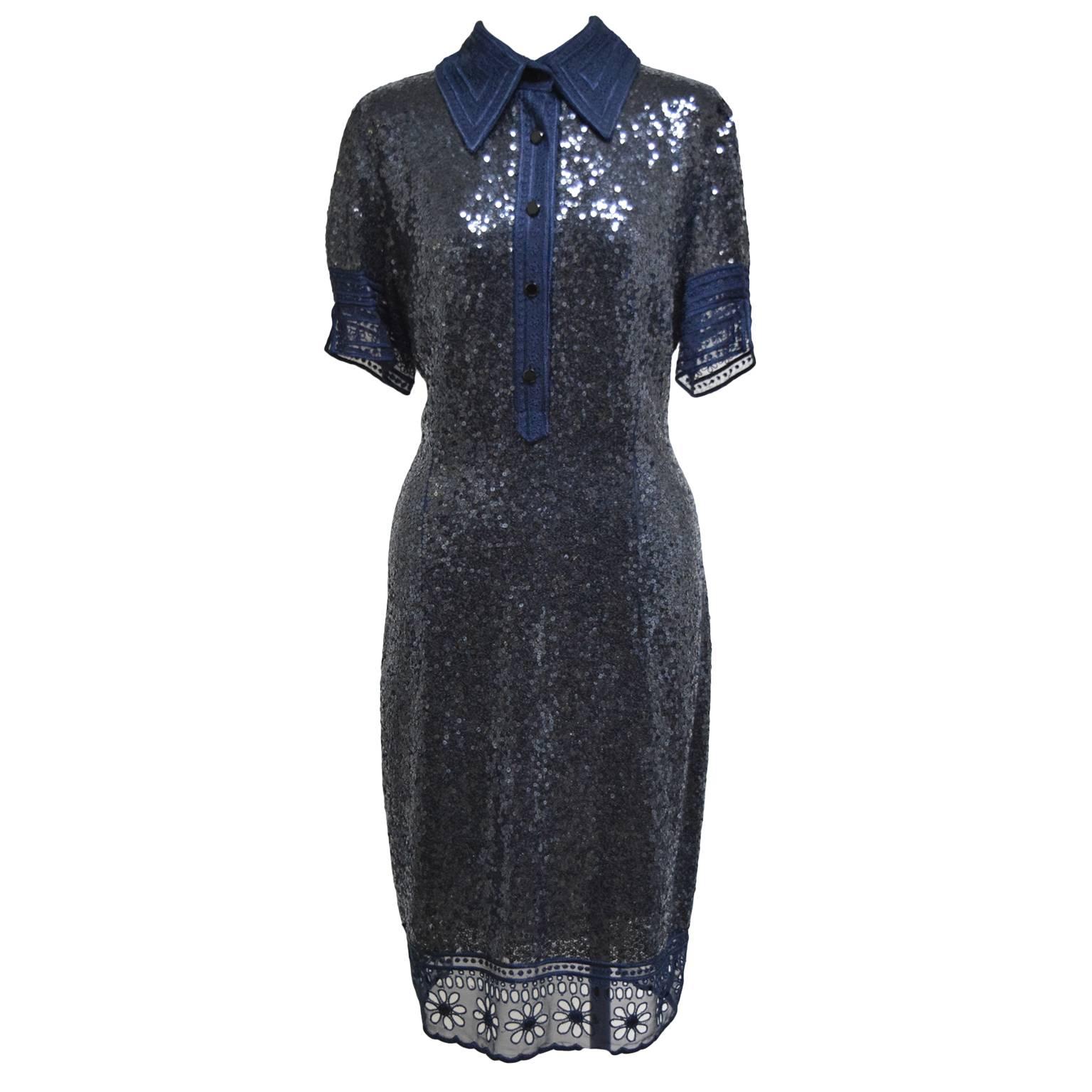 Navy Sequin Shirt Dress with Lace  For Sale