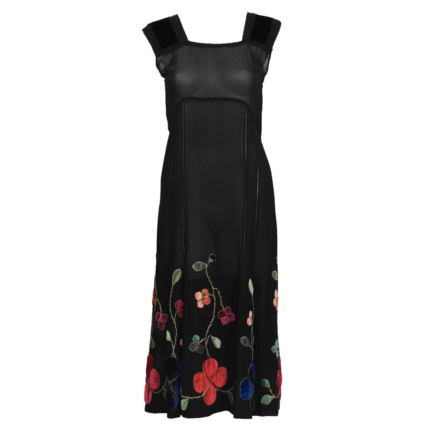 1930's Black Velvet & Chiffon Tea Dress with Floral Embroidery 