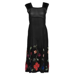 1930's Black Velvet & Chiffon Tea Dress with Floral Embroidery