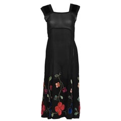 1930's Black Velvet & Chiffon Tea Dress with Floral Embroidery 