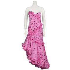 1980's Candice Fraiberger Pink Polka Dot Ruffle Gown