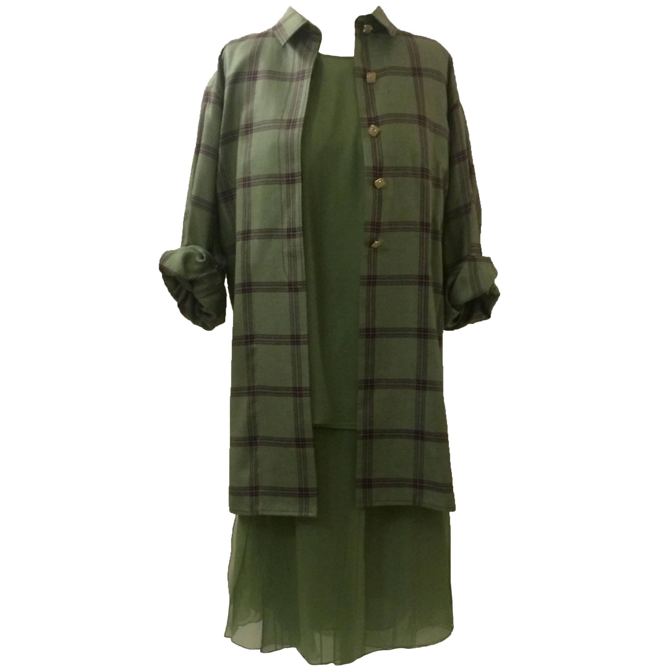 James Galanos Three Piece Green Plaid Chiffon Suit Jacket Skirt Top