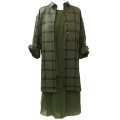 Vintage James Galanos Three Piece Green Plaid Chiffon Suit Jacket Skirt Top, 1990s 