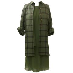 James Galanos 1990s Three Piece Plaid and Chiffon Ensemble Jacket Skirt Top 2