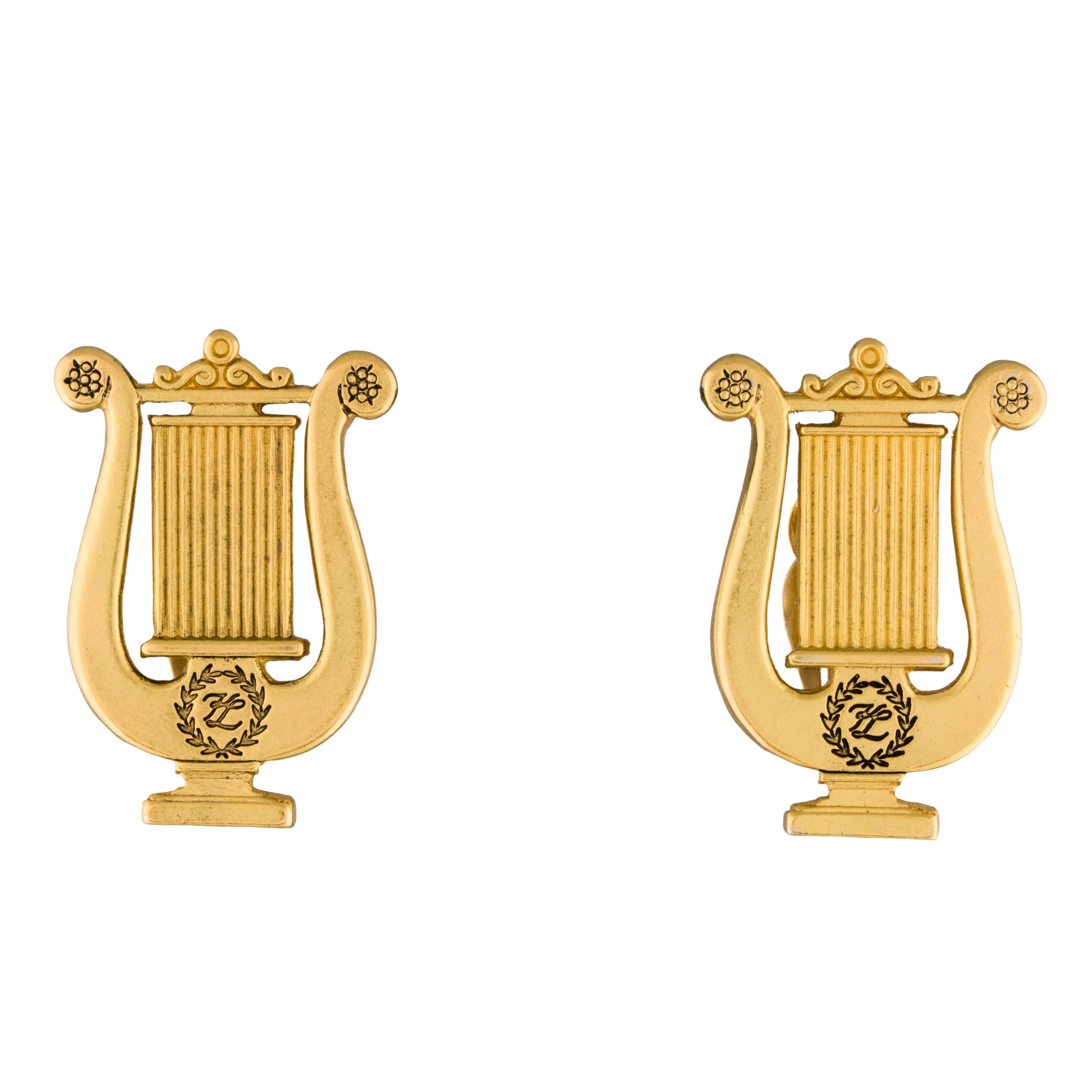 Karl Lagerfeld 1990s Gold Tone Harp Earrings Clip On