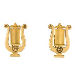 Vintage Karl Lagerfeld 1990s Gold Tone Harp Earrings Clip On