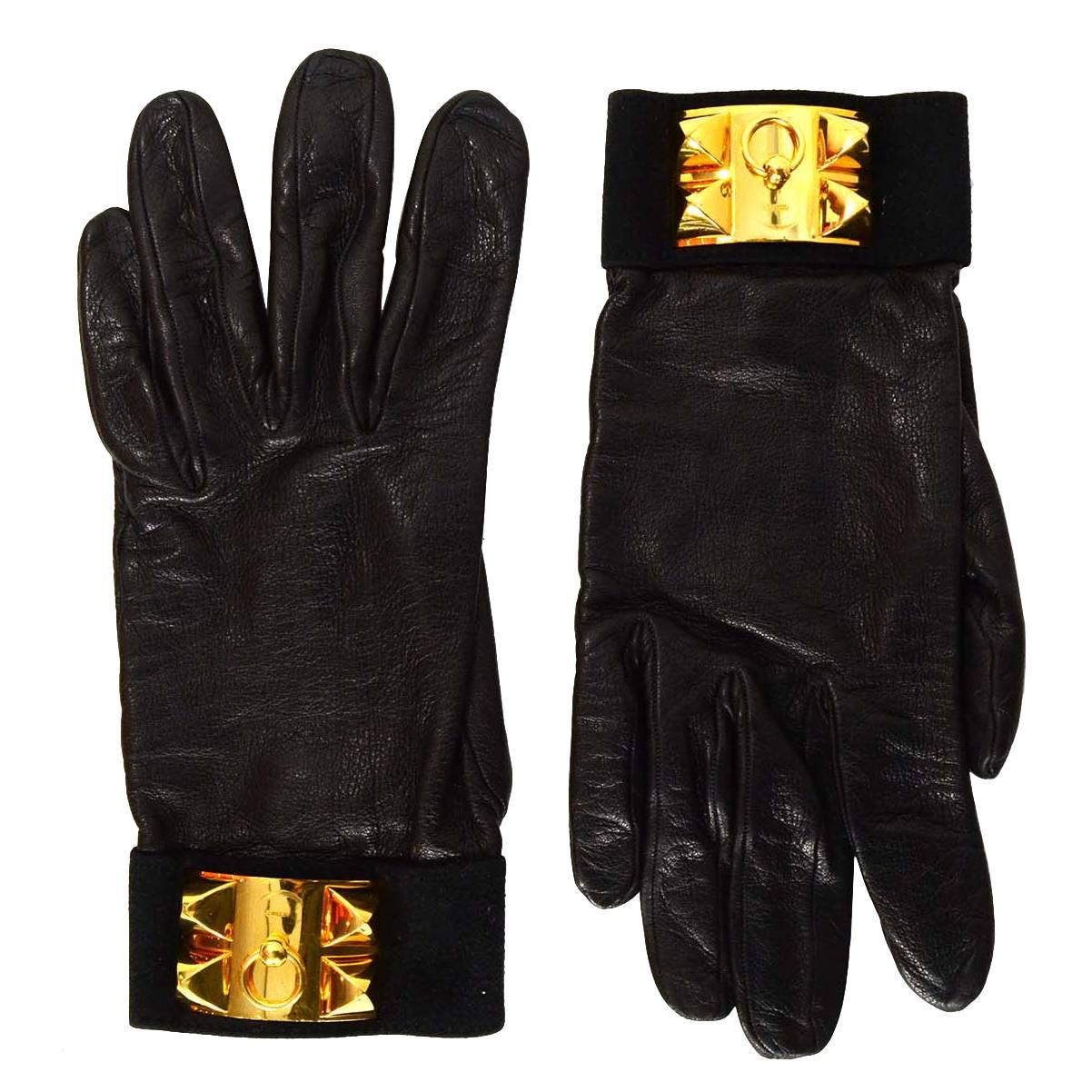 Hermes Vintage Black Leather Medor CDC Gloves sz 8 GHW