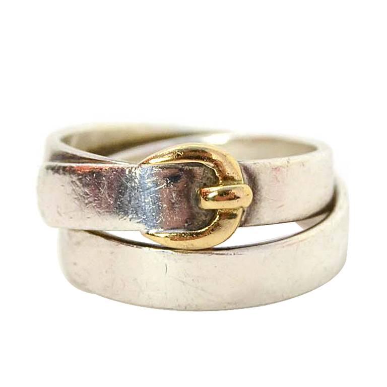 Hermes Sterling & Gold Wrap Around Buckle Ring sz 48/US 4.5